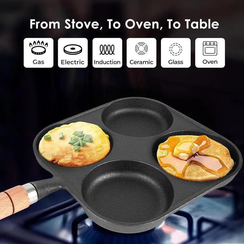 Square black cast iron pan with four pits and a wood-look handle shown over a stovetop