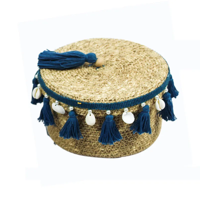 Nivasa Sea Grass Natural Fiber Storage Basket (Blue/Beige) - Set Of Two media 4