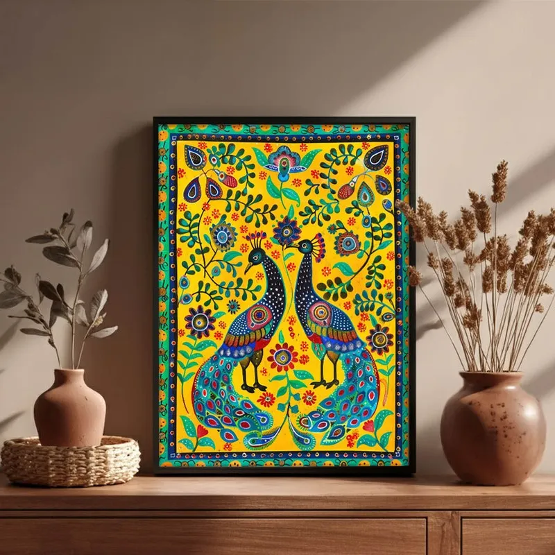 Colorful Peacock Folk Art Canvas Wall Painting With Black Frame media 7