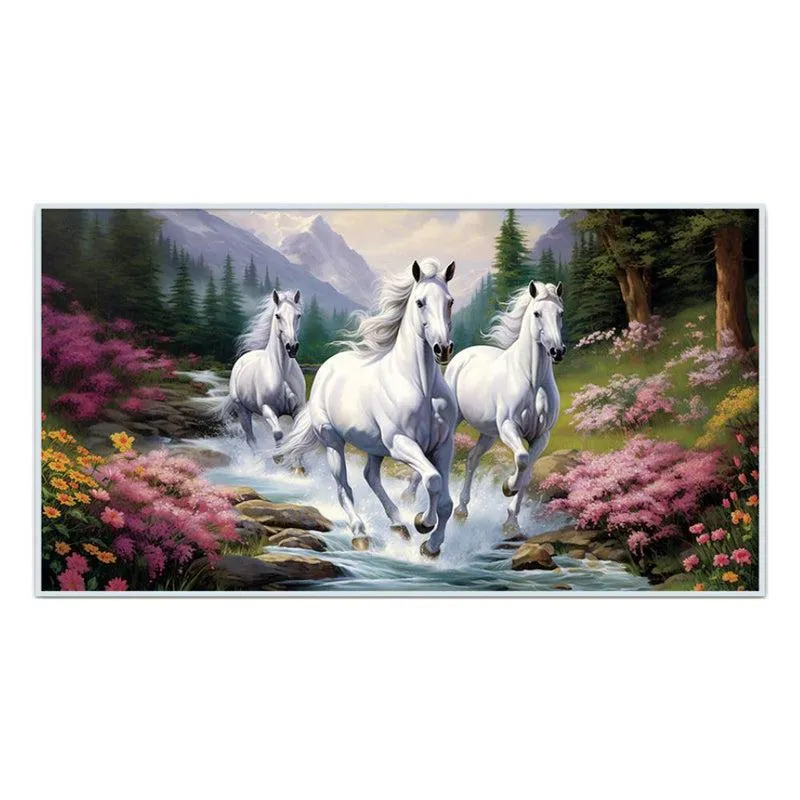 Stallions In A Glade Canvas Wall Painting With Frame - White media 3