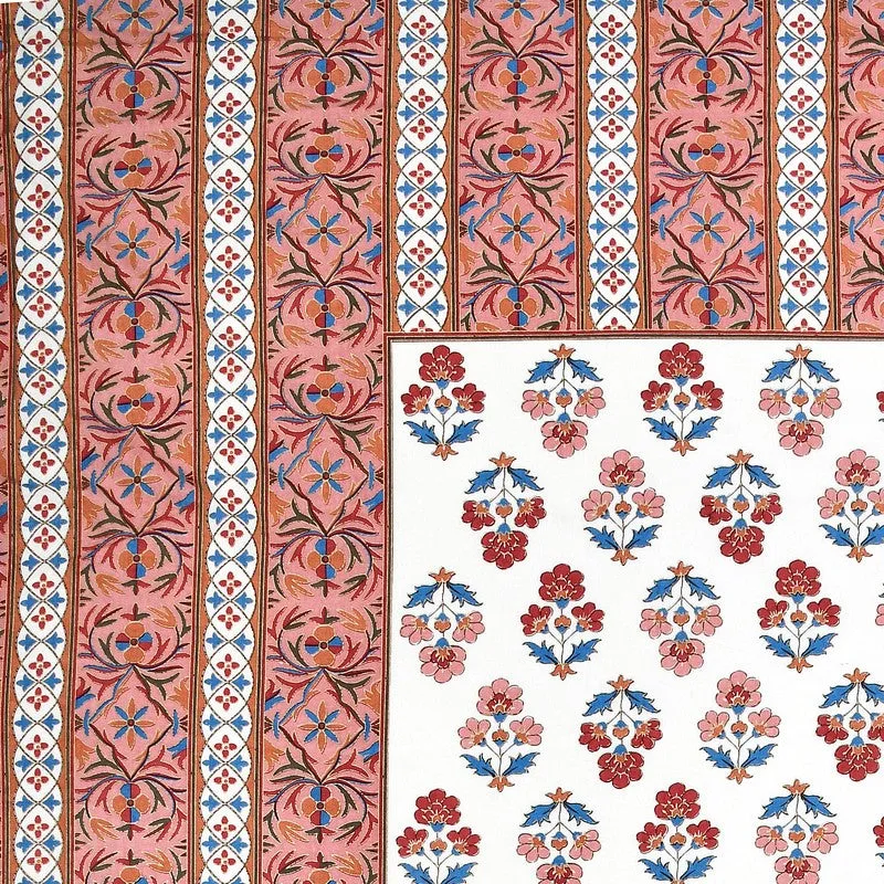 Close-up of the bedsheet border and floral print in maroon, blue and pink tones