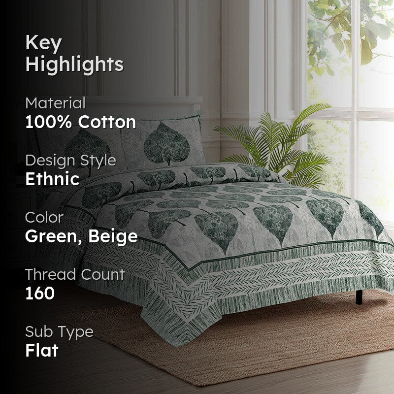 Malati Meadow Floral Cotton Bedsheet (Green & Beige) - 160 TC media 2