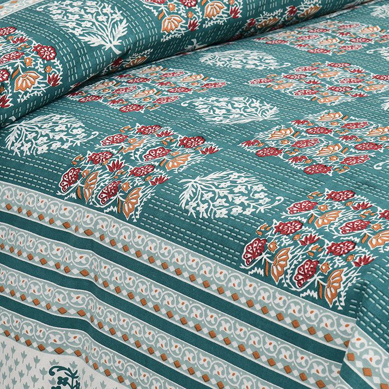 Gulzar Heritage Floral Cotton Bedsheet (Green & White) - 160 TC media 3