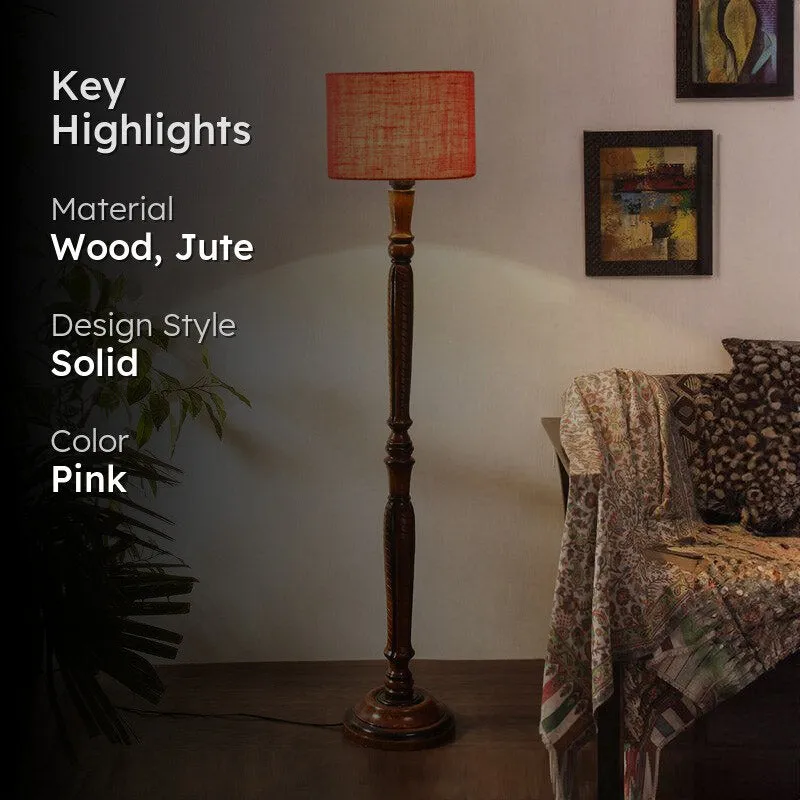 Biya Vintage Wooden Floor Lamp With Jute Shade - Pink media 2