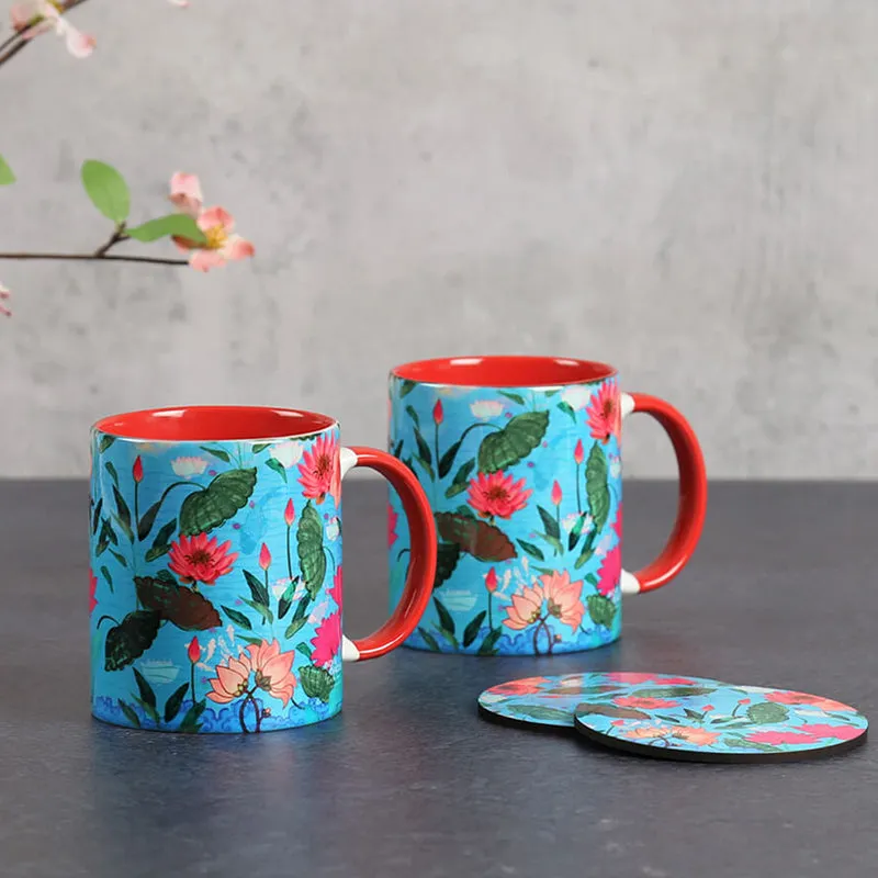 India Circus Bloomin Ceramic Mug With Coaster (325 mL Each) - Four Piece Set media 1