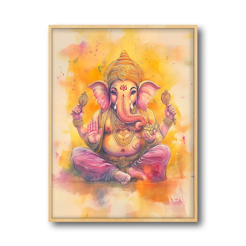Divine Vakratunda Spiritual Archival Paper Wall Painting - Natural Brown Frame media 5