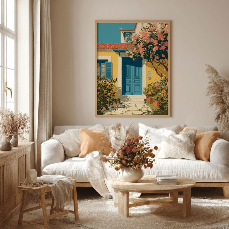 Floravue Sunlit Blue Door Canvas Wall Painting With Brown Frame