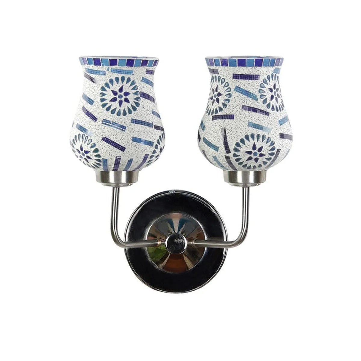 Front view of wall lamp with two white mosaic glass shades