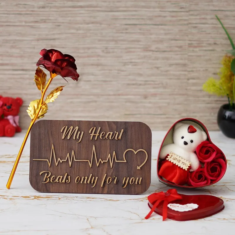 Three-piece romantic gift set with red heart box, rose stem and wooden plaque