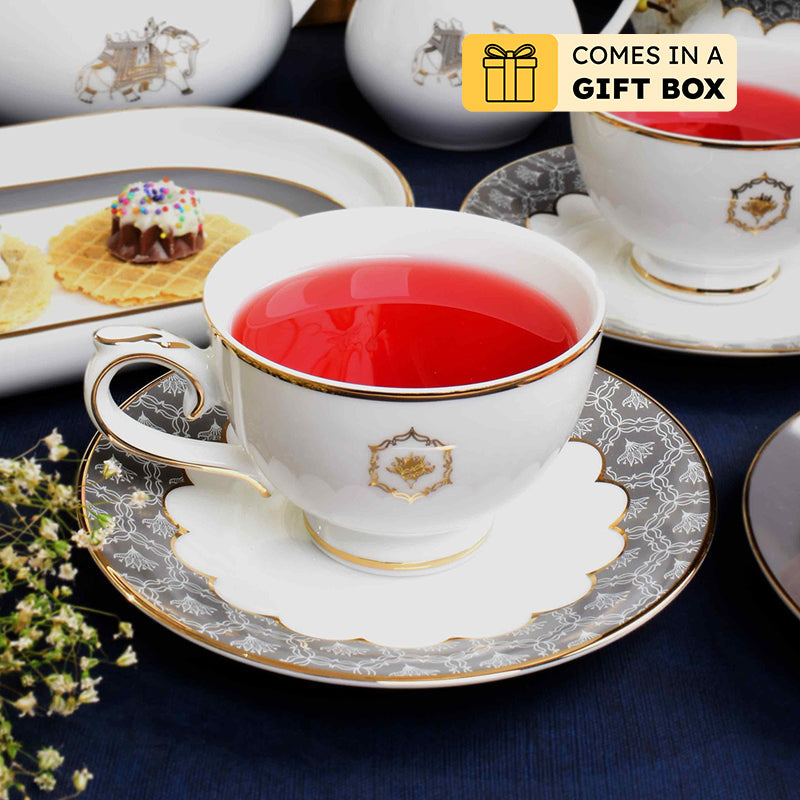Gilded Legacy 24k Gold Brushed Porcelain Tea Cup & Saucer (Grey/ 300 mL) - Set of Six