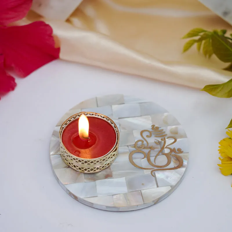 Ganesha Mother Of Pearl Tealight Candle Holder With Marble Base media 4