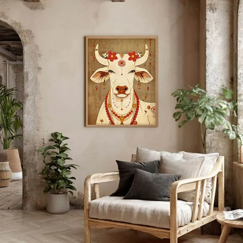 Sacred Cow Folk Art Canvas Wall Painting With Brown Frame media 4