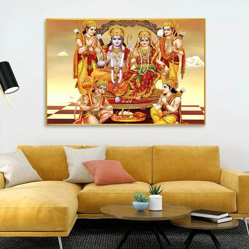 Royal Family Of Ayodhya Spiritual Canvas Wall Painting With Frame - Gold media 1