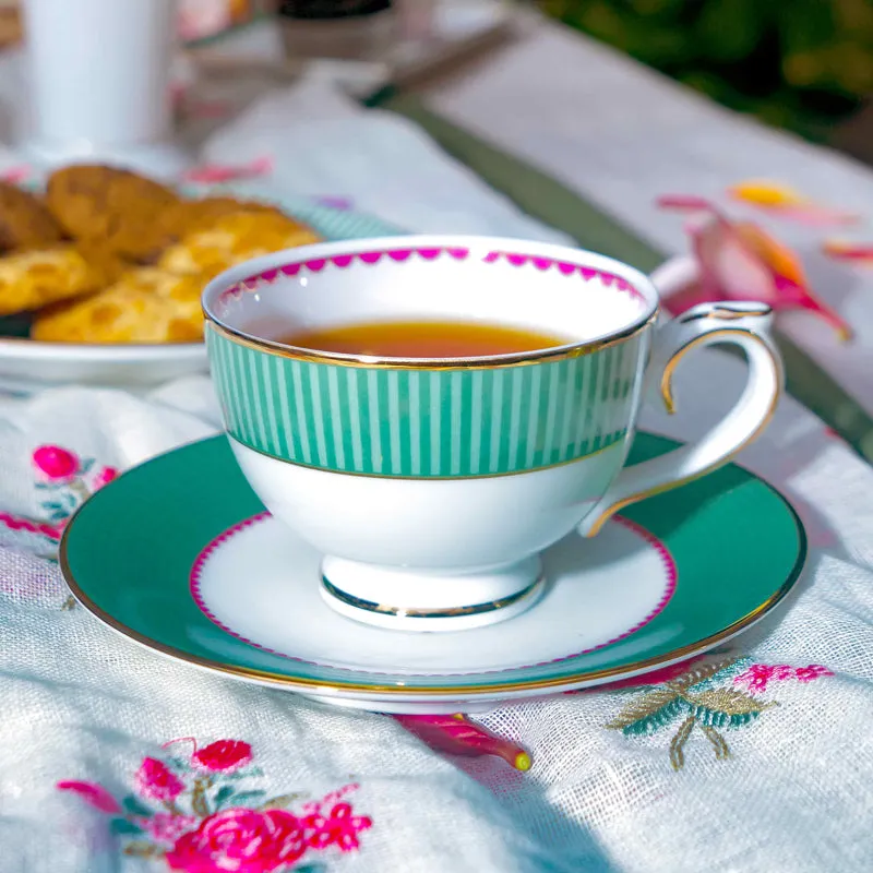 Gilded Mayura 24k Gold Brushed Porcelain Tea Cup & Saucer (300 mL) - Set of Six media 3
