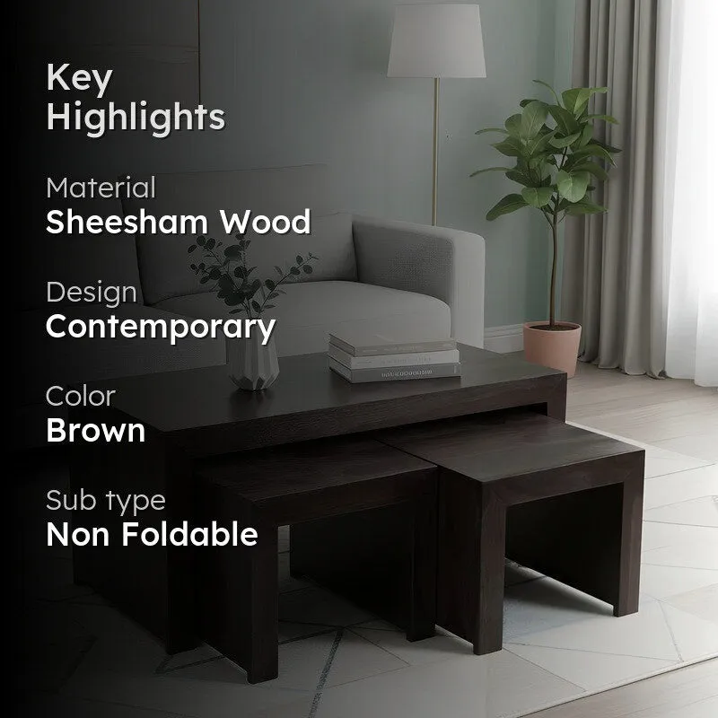 Davenox Sheesham Wooden Center Table with Stools (Dark Brown) - Three Piece Set media 2