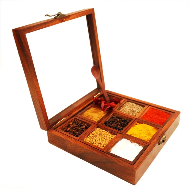 Charm Sheesham Wood Rectangle Masala Box - Eleven Piece Set media 4