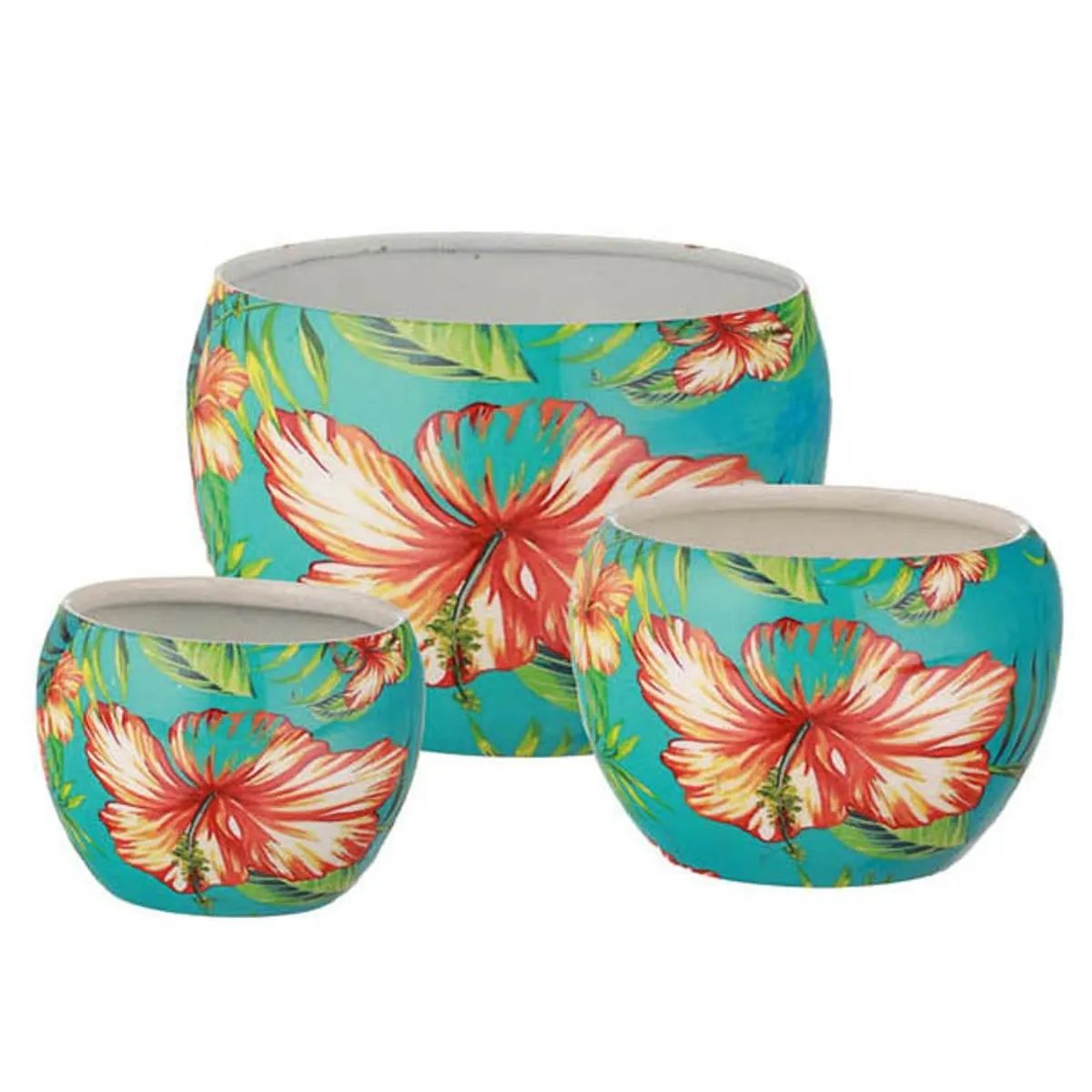 Set of three semi-sphere blue planters with hibiscus print on white background