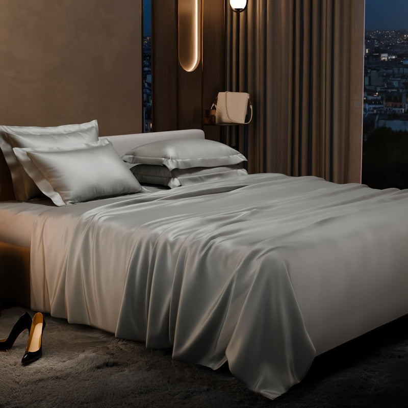 Purelle Satin Bedsheets with 4 Pillow Covers (Silver) - 150 GSM