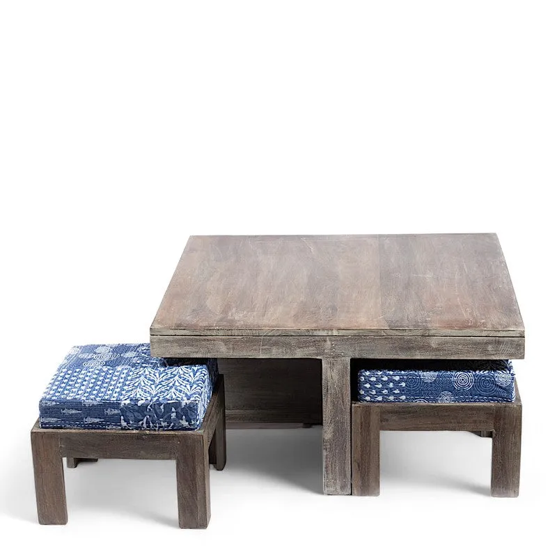 Exiron Sheesham Wooden Center Table with Stools and Cushions (Grey,Blue) - Nine Piece Set media 4