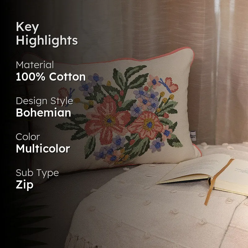 Symphony of Flowers Embroidered Cotton Cushion Cover media 2