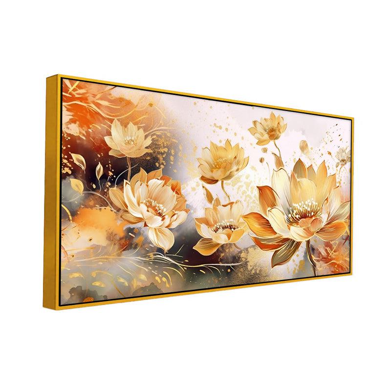 Celestial Water Lilies Floral Canvas Wall Painting With Frame - Gold media 3
