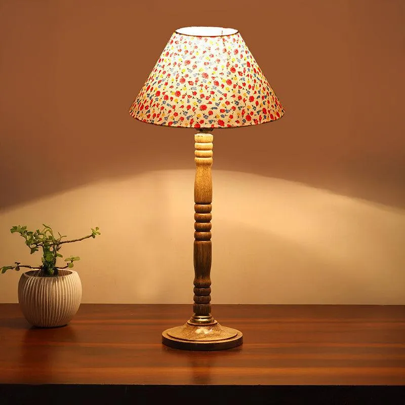 Tiny Fleur Table Lamp With Carved Wooden Base - Multicolor media 2