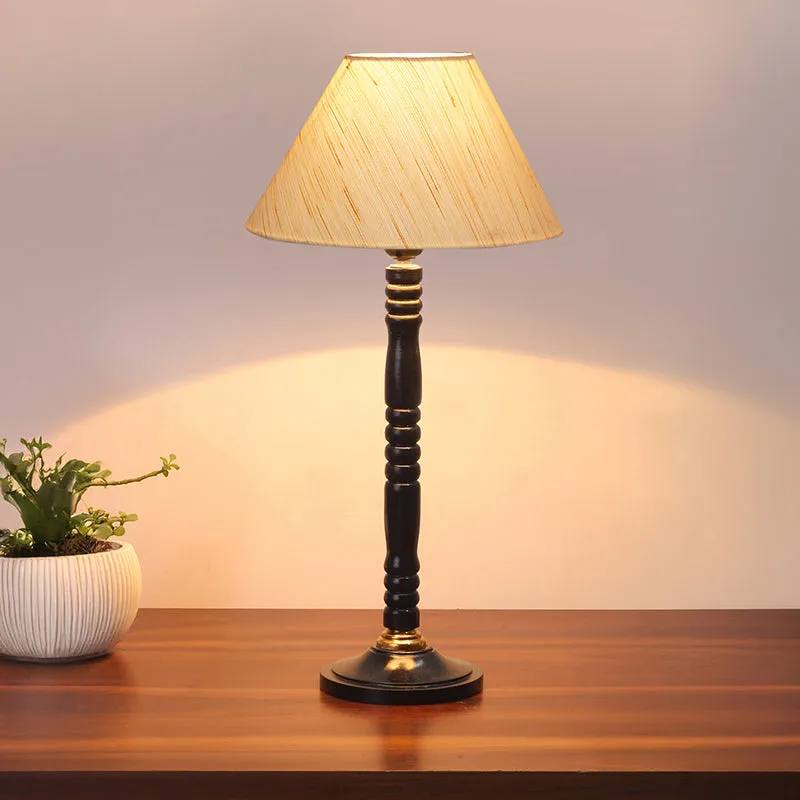 Glow Mesa Table Lamp With Carved Wooden Base - Beige,Black media 1
