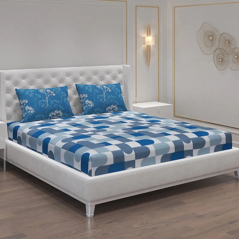 Monte Carlo Multi Blocks Cotton Bedsheet (White,Blue) - 104 TC media 1