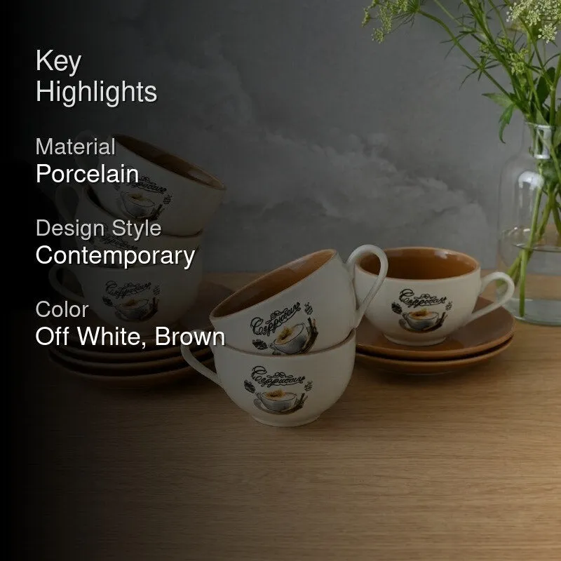 BrewBliss Porcelain Cup & Saucer (Off White/220 mL Each) - Set of Six - 2