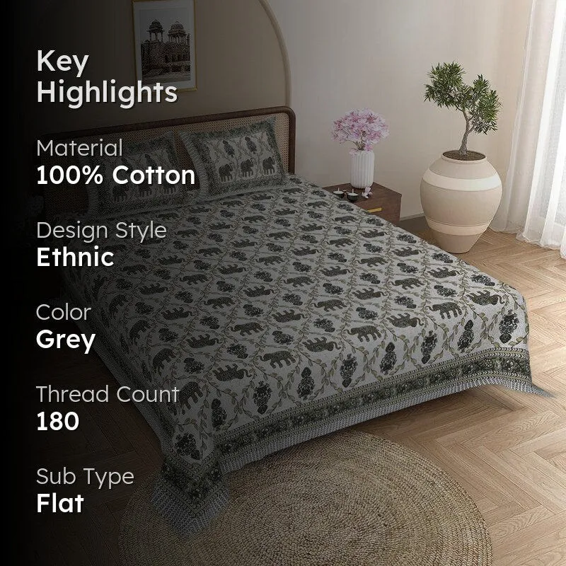 Tejas Ethnic Cotton Bedsheet (Grey) - 180 TC media 2