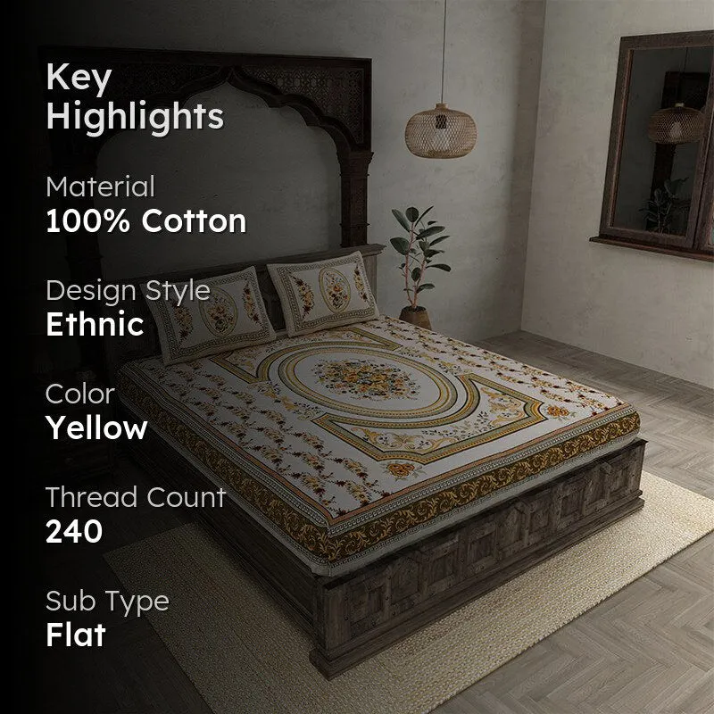 Pusthi Ethnic Cotton Bedsheet (Yellow) - 240 TC media 2