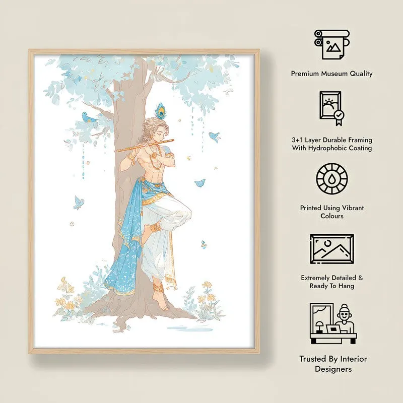Lord Krishna Keshav Charming Archival Paper Wall Art - Natural Brown Frame media 8
