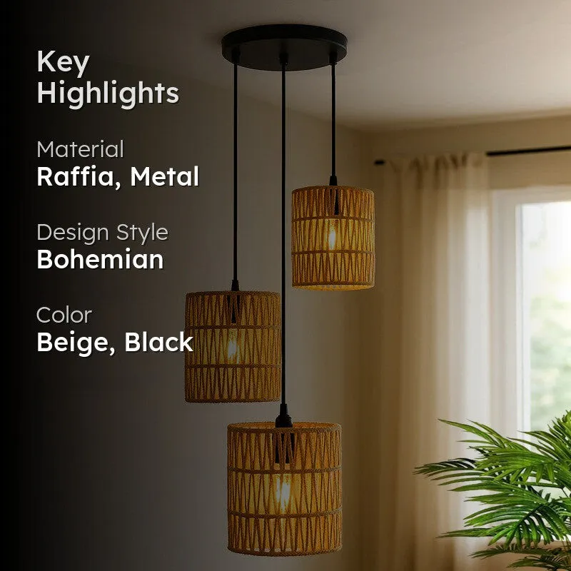 Lucentra Elegant Raffia Ceiling Lamp - Beige & Black media 2