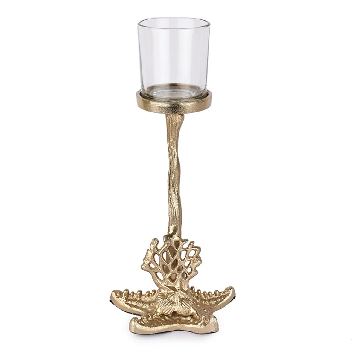Standalone gold candle holder showing its clear glass cup and sculptural base