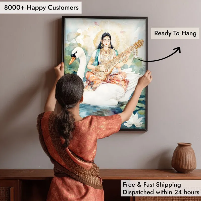 Vijnana Saraswati Spiritual Archival Paper Wall Painting With Frame - Black media 6