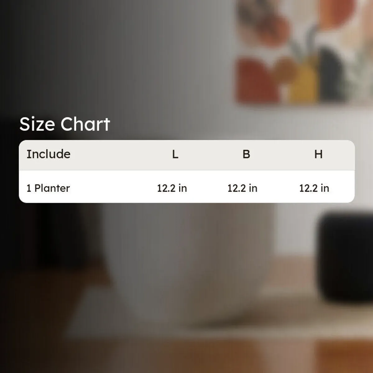 White planter shown with a size chart for its single-piece inclusion