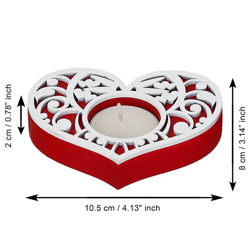 Intricate Heart Wood Tea Light Holder (Red) - Set Of Two media 6