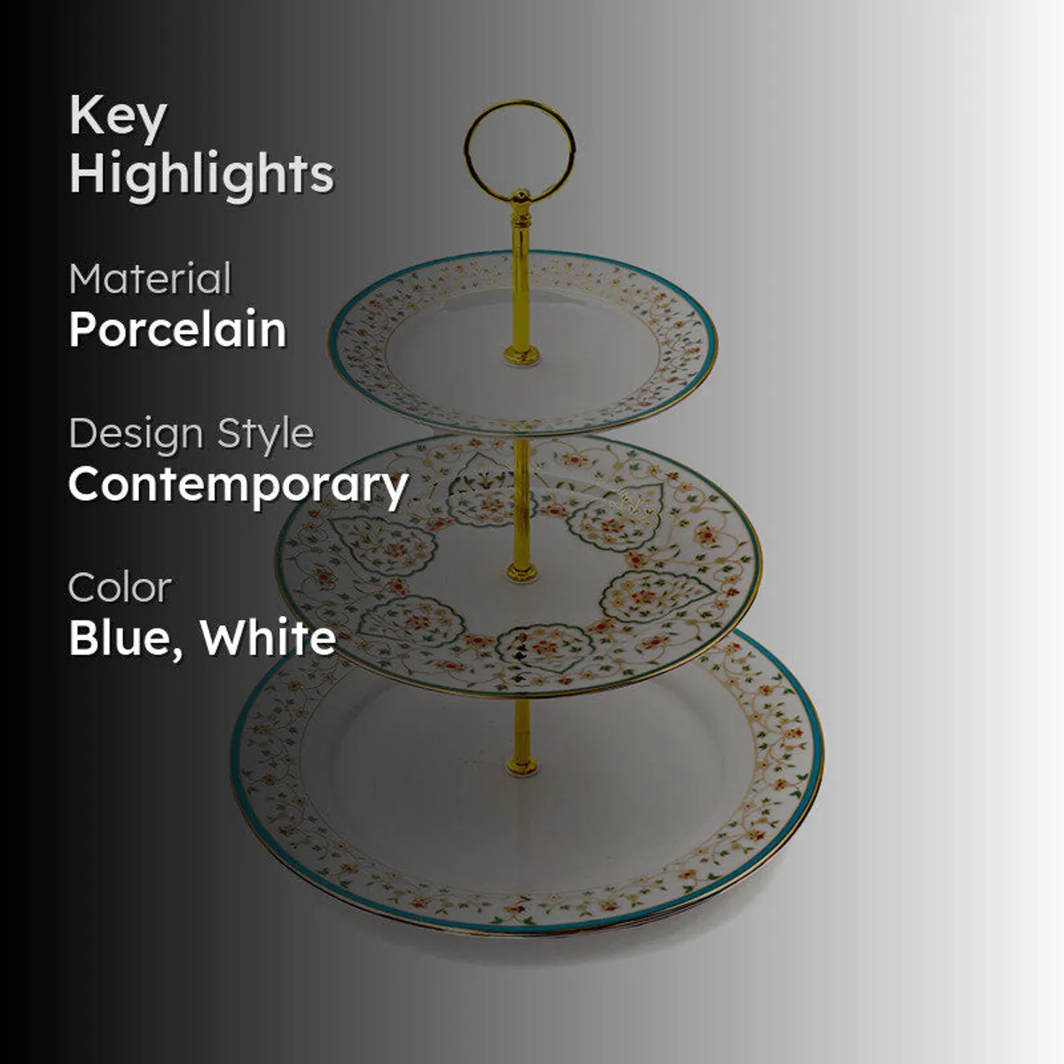 Three-tier white, blue and gold porcelain dessert stand shown with key highlights