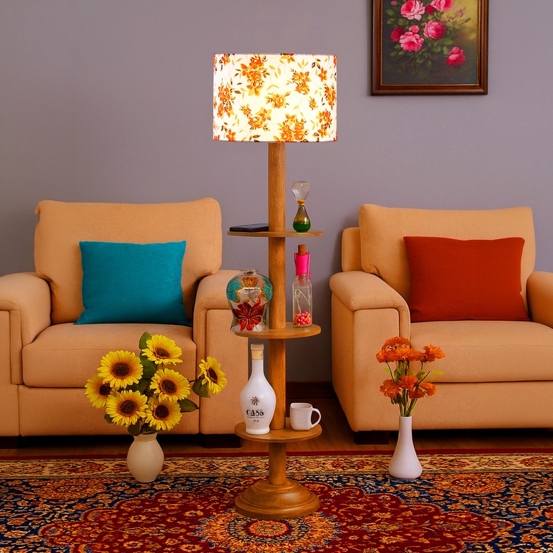LumiCrate Tower Wooden Floor Lamp - Orange & White
