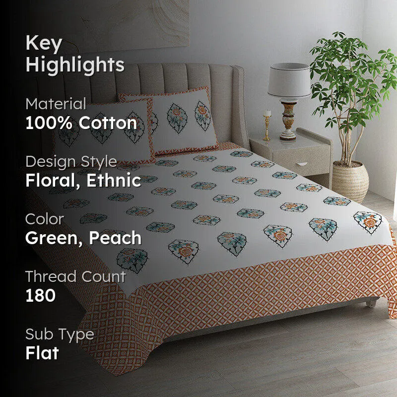 Anila Cotton Bedsheet (Peach, Green) - 180 TC media 2
