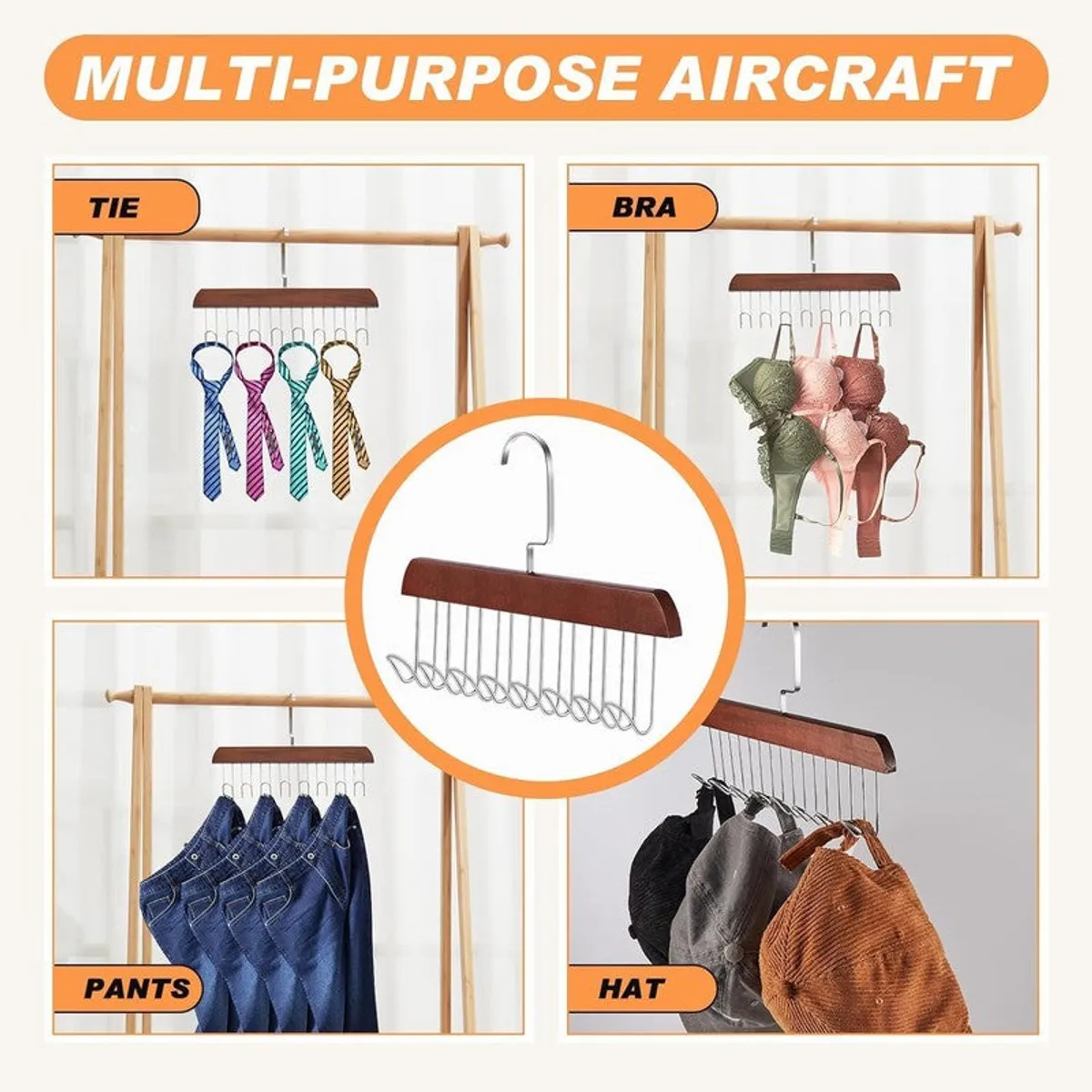 Multi-hook hanger shown with ties, bras, jeans and hats