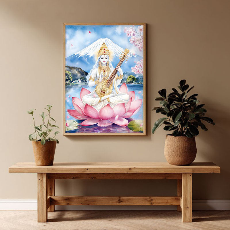 Padmasana Saraswati Spiritual Archival Paper Wall Painting - Natural Brown Frame