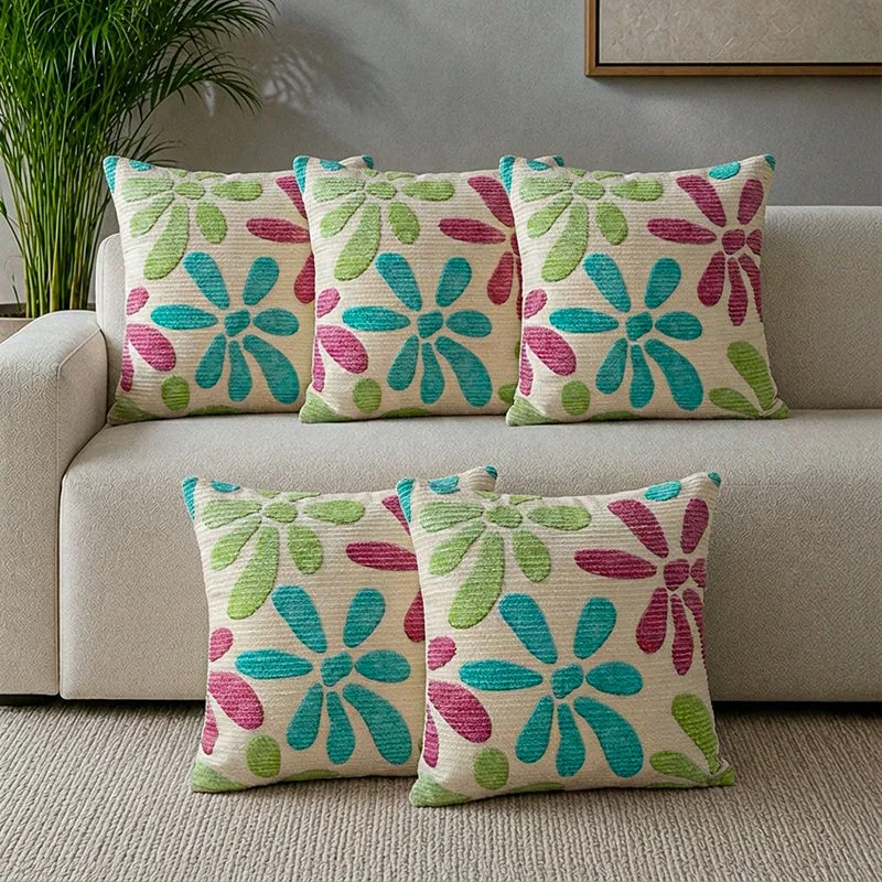 FloralGrace Cushion Cover (Teal, Maroon) - Set Of Five media 1