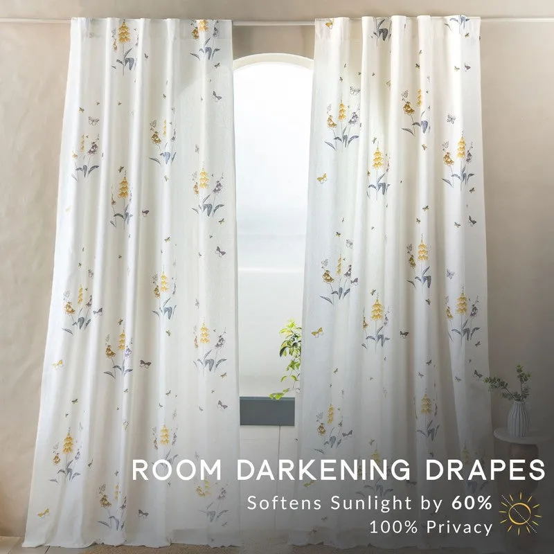 Yellow Petal Whisper Cotton Room Darkening Curtains with floral design, panel view