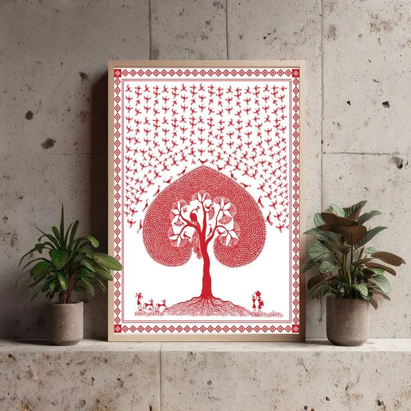 Rosy Grove Framed Warli Canvas Archival Canvas Wall Painting - Natural Brown Frame media 4