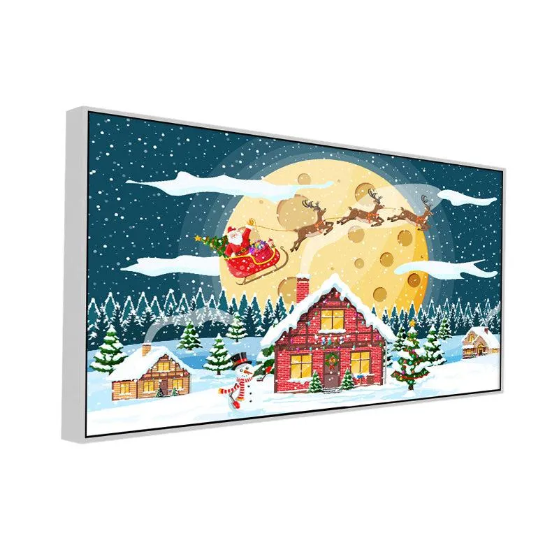Winter Cottage At Night Landscape Canvas Wall Painting With Frame - White media 4