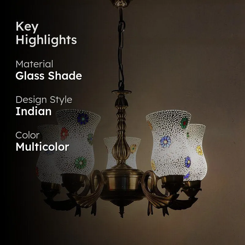 Lit mosaic ceiling lamp with antique gold body and floral glass shades
