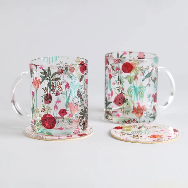 India Circus Rosewood Glow Glass Mug With Coaster (325 mL Each) - Four Piece Set media 3