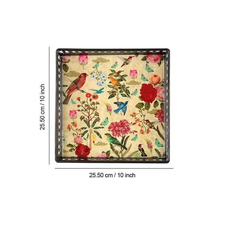 India Circus Floral Multicolor Square Galvanized Iron Serving Tray media 6