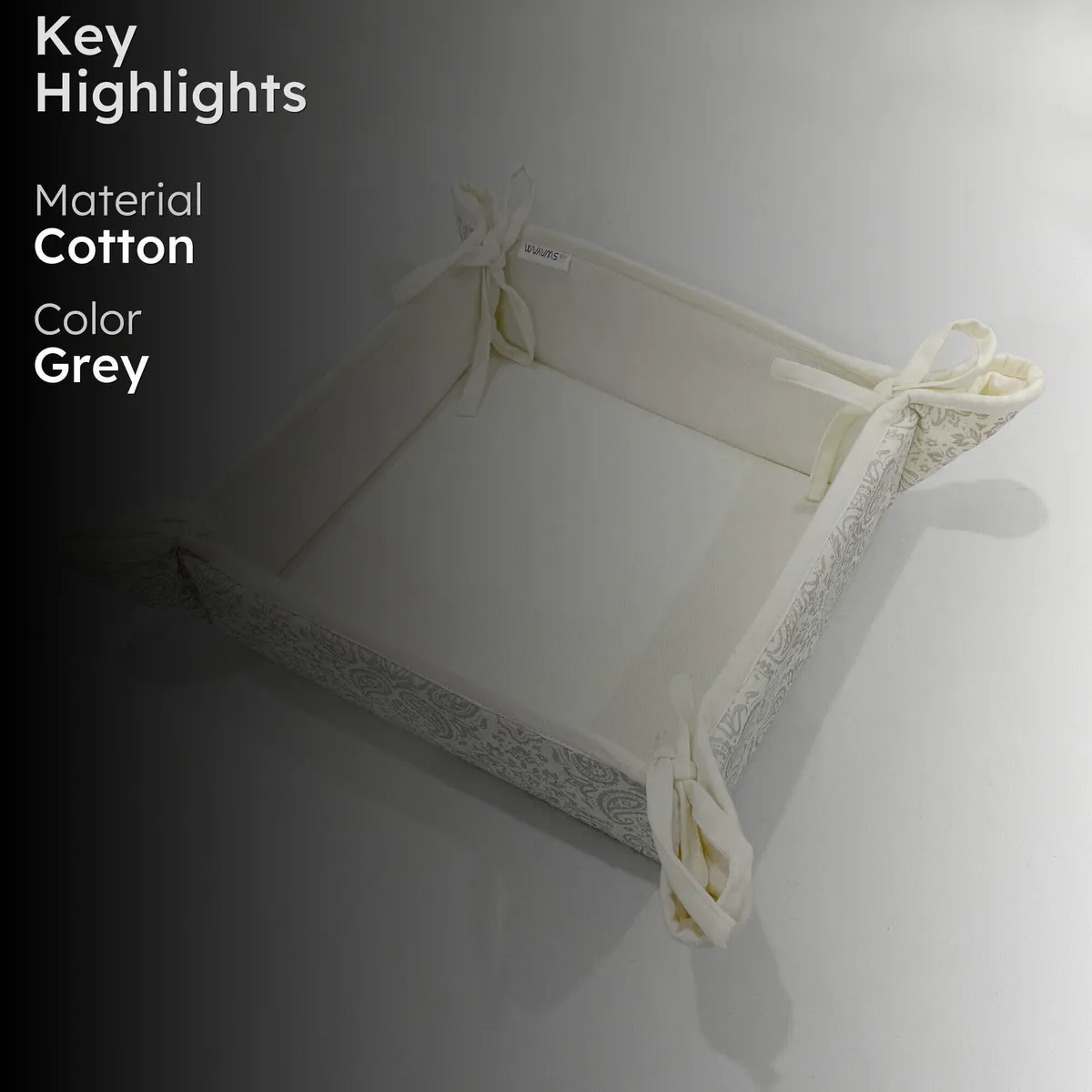 Square grey bread basket with tie-up corners